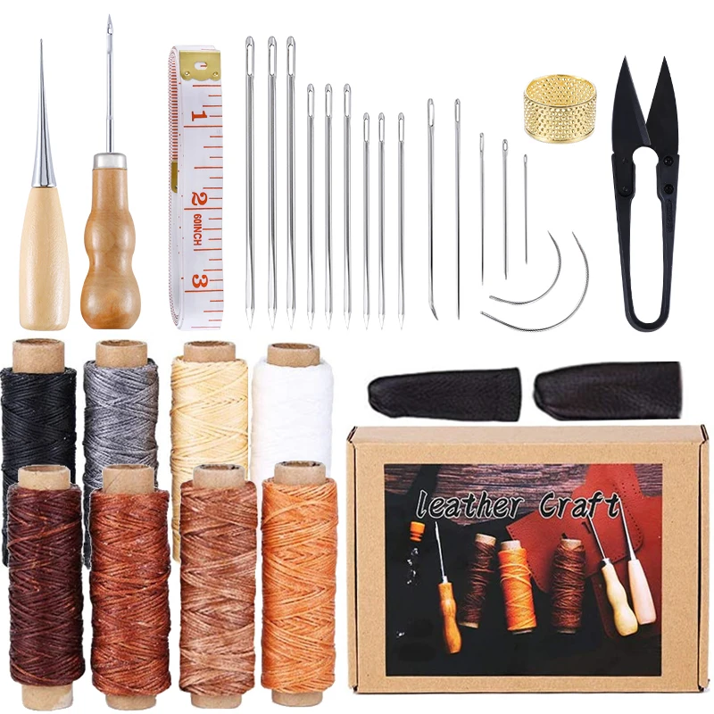 

LMDZ 30Pcs Set Leather Craft Stitching Kit Waxed Thread Large-Eye Stitching Needles for Beginner Leather Craft Sewing DIY Tool
