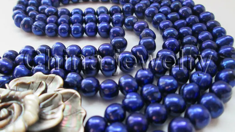 

3row17-19" 8-9mm blue round freshwater pearl necklace + 4" pendant-shell