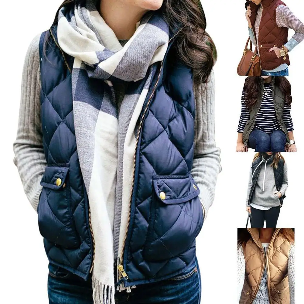 

Plus Size Women Vests Autumn Winter Sleeveless Pockets Zipper Warm Loose Waistcoat female outwear Solid Color Stand Collar Vest