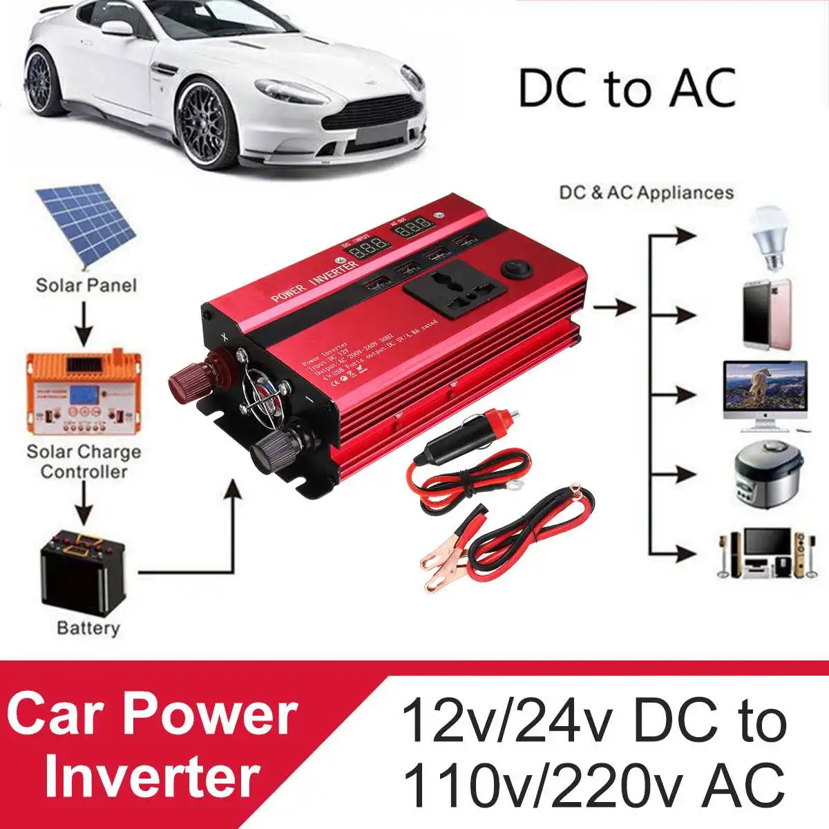

3000W Car Power Inverter DC 12V/24V to AC 110V 220V Auto Portable Charger Converter Adapter Modified Sine Wave Universal Socket