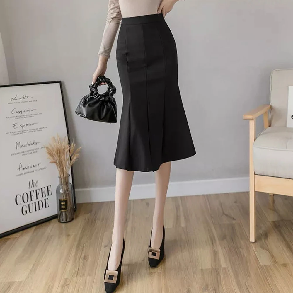 

New Women High Waist Midi Skirts Plus Size Ruffles Black Khaki Apricot Office OL Skirt Fashion Package Hip Mermaid Skirts Womens