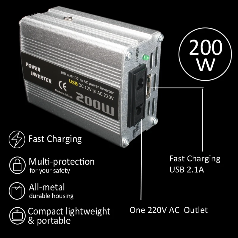 200W автомобильный инвертор питания Dc 12V в Ac 220V конвертер адаптер зарядного