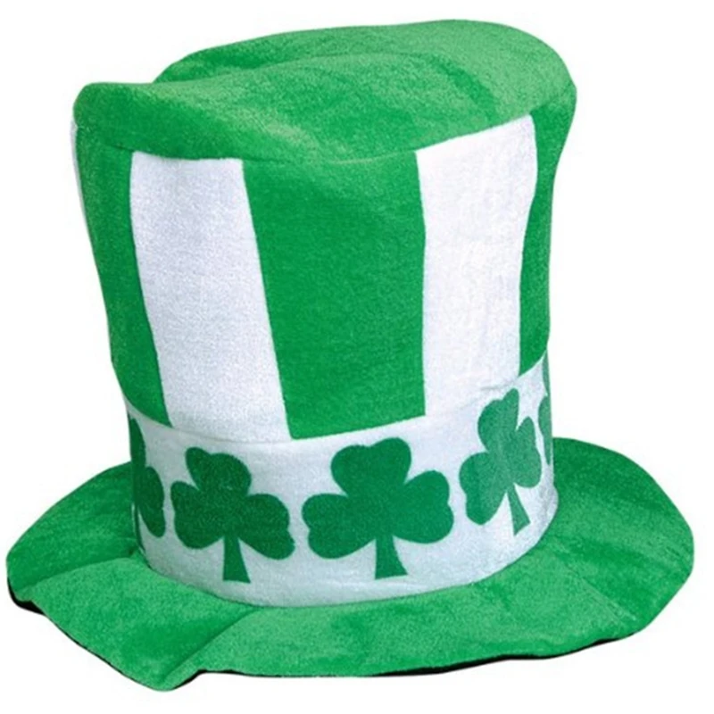 

Saint Patricks Day Leprechaun Hat Oversized Green White Striped Shamrock Clover Irish Velvet Top Cap Cosplay Costume