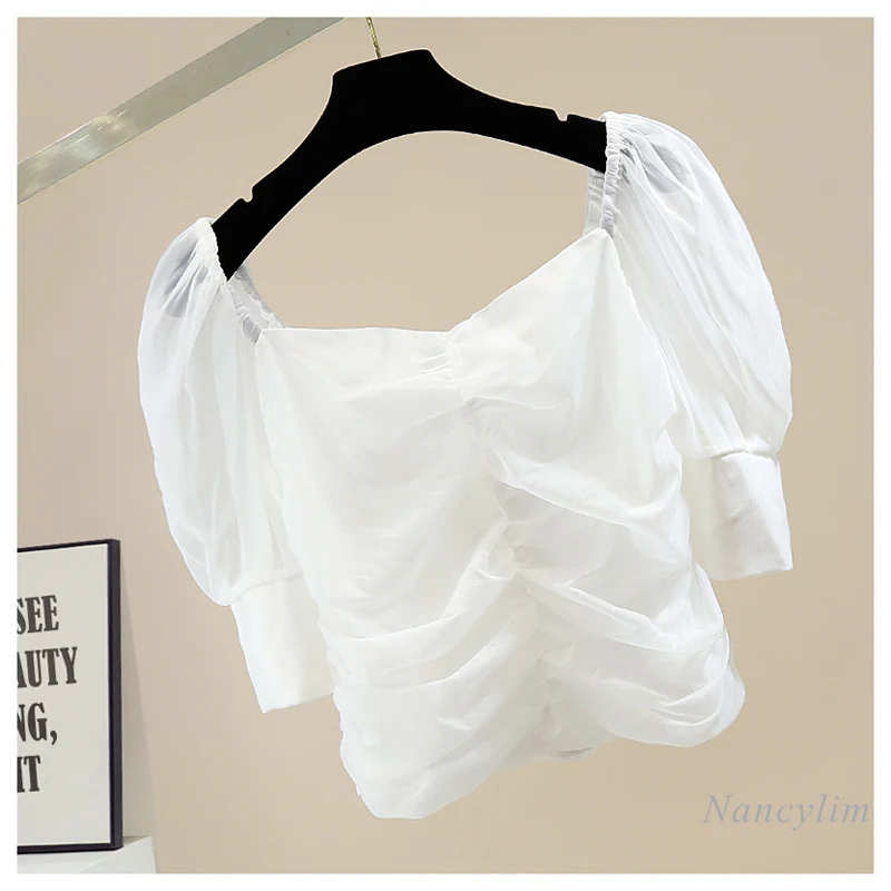 Chemise courte à manches bouffantes plissées et à col carré pour femmes, vêtement amincissant, De couleur blanche et noire