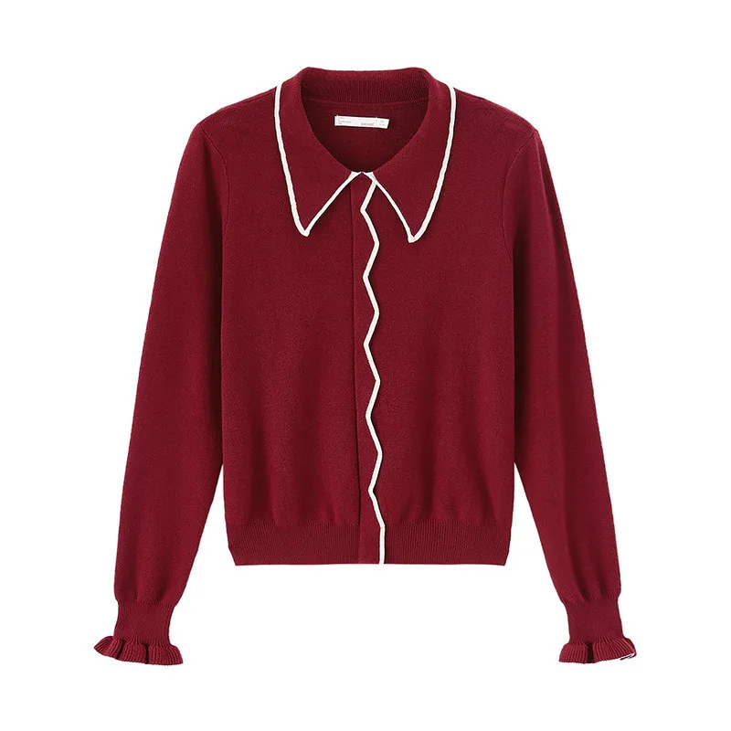 

INMAN Spring Autumn Contrast Flare Sleeves Ladies Elegant Rib Edging Elegant Sweet Literature Sweater