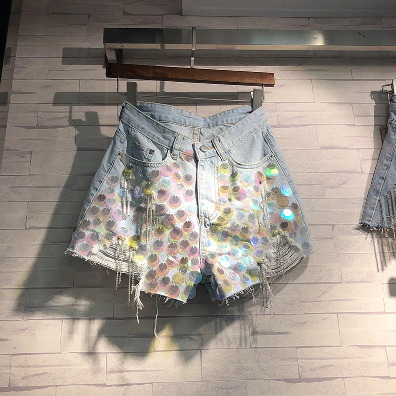 

Heavy Sequined Tassel Jeans Shorts Women Summer 2021 Wide Leg Hot Pants Woman Shorts Pantalones Cortos De Mujer