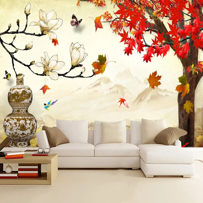 

Фотообои на заказ 3d Природа настенная живопись в китайском стиле кленовый лист дерево цветок домашний декор для гостиной Papel де Parede