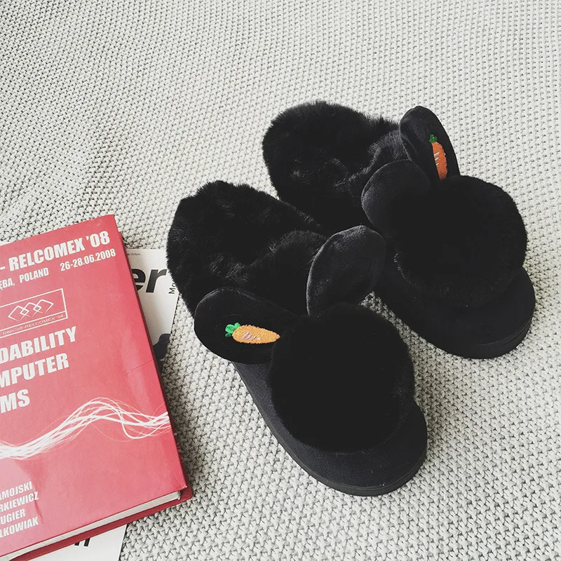 Милые тапочки с кроликом Женские черные зимние теплые меховые хлопковые