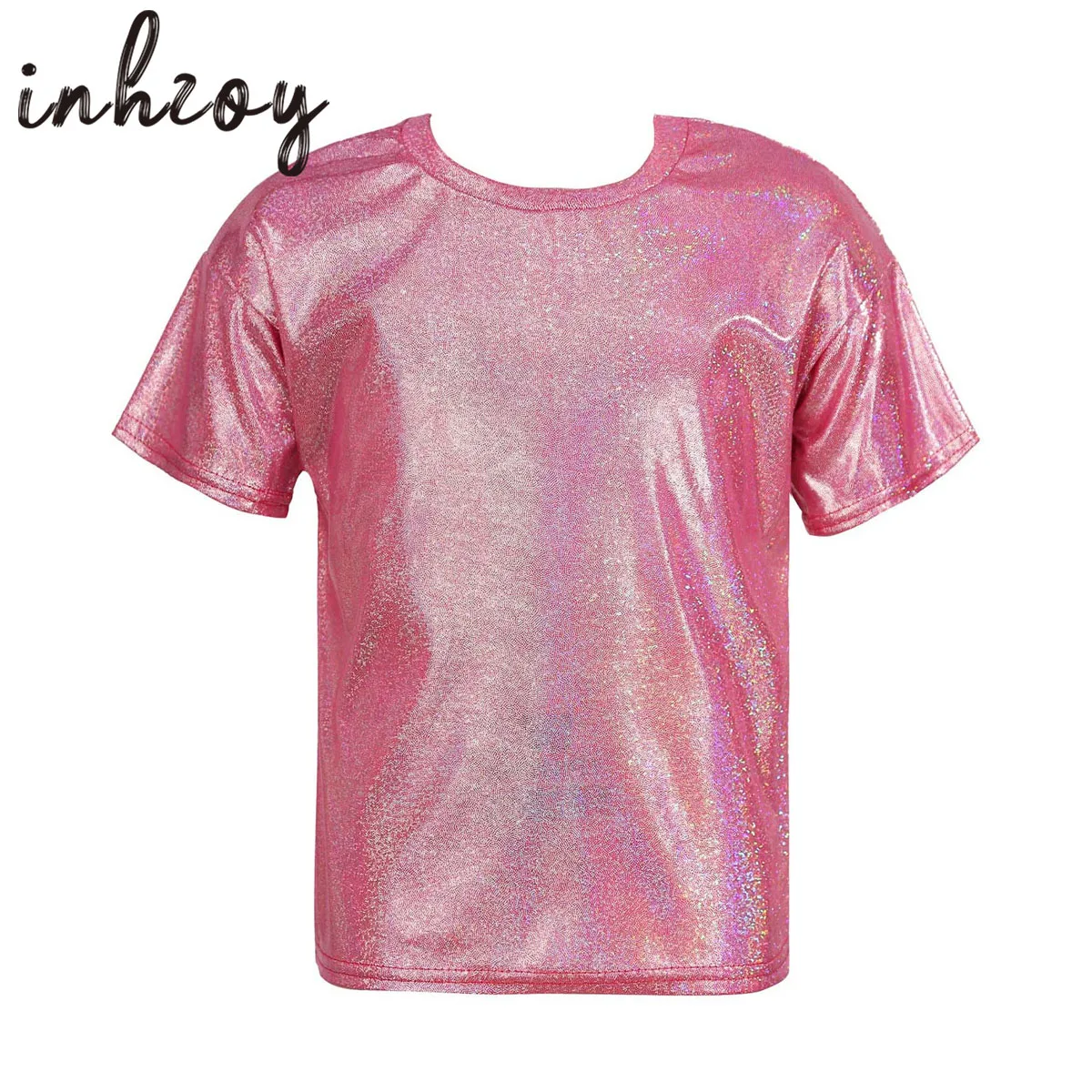 Little Boys Girls Metallic Shiny T-shirt Top Stretchy Harajuku Stylish Bright Dancewear Sparkly Jazz Dance Tops