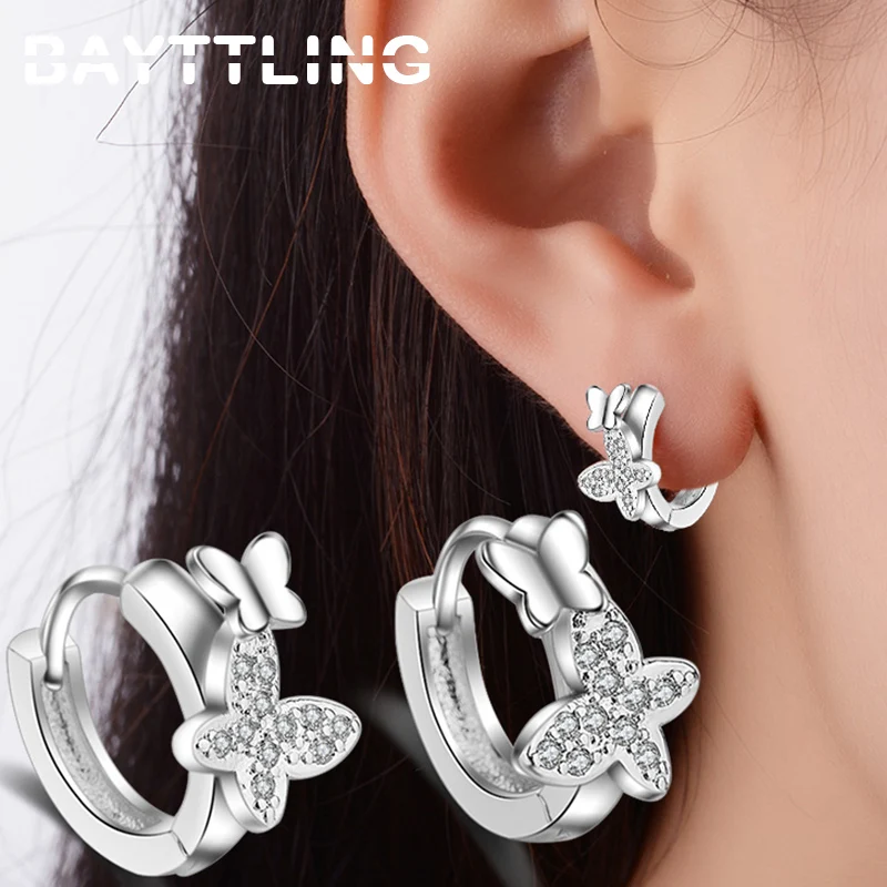 

BAYTTLING 925 Sterling Silver 15MM Luxury AAA Zircon Butterfly Stud Earrings For Women Fashion Wedding Party Gift Jewelry
