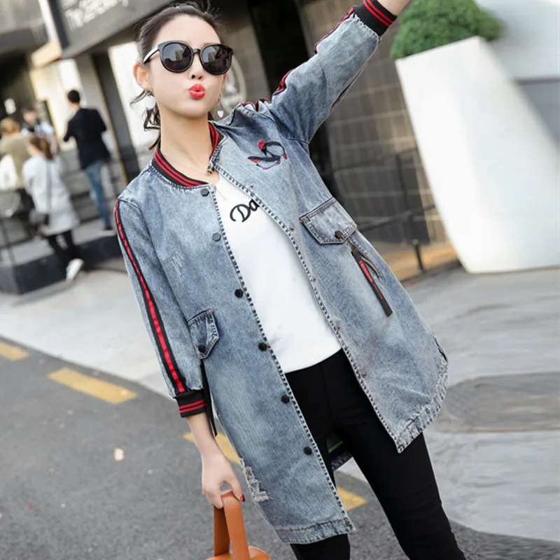 

Autumn Spring 2020 Embroidery Denim Jacket Coat Spring Long Ripped Denim Jacket Women Plus Size 3XL Jeans Jacket Women Tops