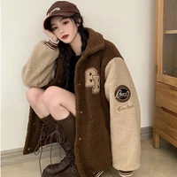 lamb wool baseball jacket womens plush thickened letter embroidery loose autumn and winter cotton jacket bomber for women