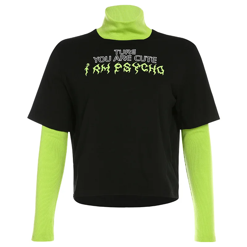 

2021 New Fake Two-piece High Neck Printed Sweater T-shirt Women's Hip-hop Trendy Top