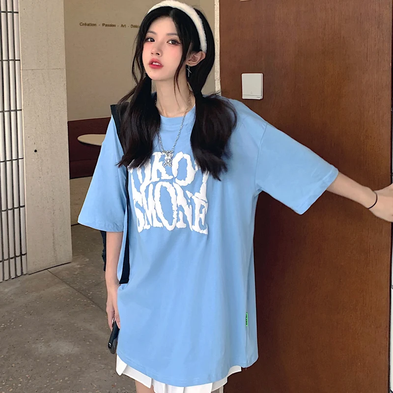 

2021 Summer Short Sleeve T-Shirt Women Foam Bubble Letter Print Tee Shirt Loose Vintage Women Casual O-neck Hip Hop Tshirt Top