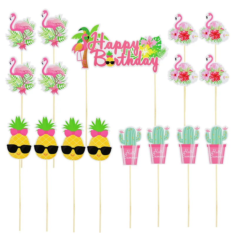 

12/13pcs Hawaiian Cake Toppers Paper Flamingo Pineapper Plant Happy Birthday Cake Flags For Kids Birthday Party Cake Decoration