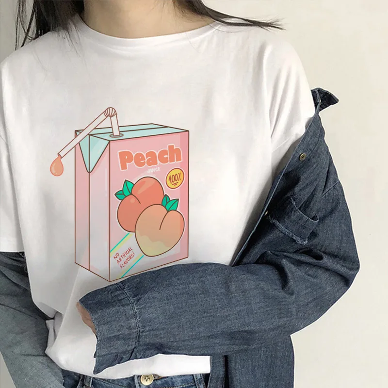 

Cute T-shirt Cartoon Fun Lovely Peach juice Printed Tshirt O-neck Short Sleeve Tshirt female Summer T-shirt 90'S Girls