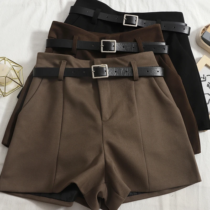 

Шерстяные шорты с поясом, Женские однотонные облегающие прямые шорты, зима 2021, новые шорты с широкими штанинами и высокой талией, женские тр...