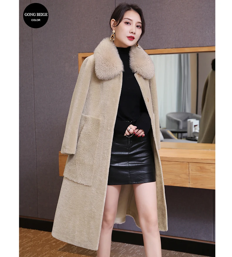 women natural wool fur long overcoat lapel collar streetwear thick warm outerwear 2020 real coat winter jacket | Женская одежда