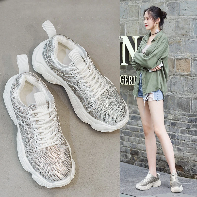 Обувь со стразами; женские кроссовки на платформе; повседневная обувь; zapatos de mujer; женские кроссовки с кристаллами на толстой подошве; шикарные кроссовки для папы