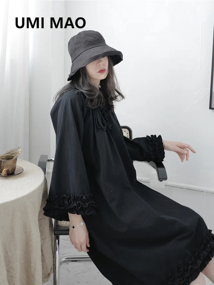 

Платье-макси с оборками и юбкой-трапецией, темно-черное, в стиле Ёдзи Ямамото, 2021