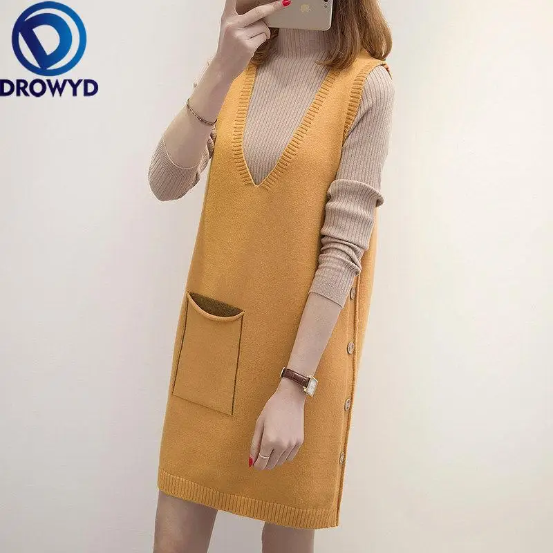 

2021 Winter Woman Casual V-neck Straight Sleeveless Sweater Dress Femlae Thick Knitted Long Vests Lady Knitted Sweater Dresses