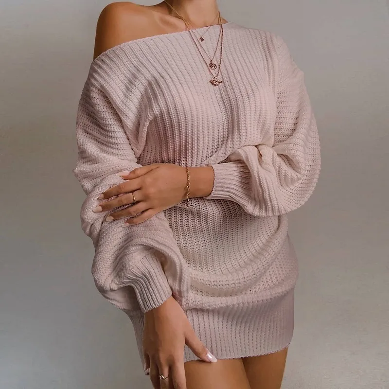 

Women's Dress Fall / Winter 2020 Casual Off Shoulder Lantern Sleeve Knitted Sweater Skirt Party Dress Harajuku Dress Solid