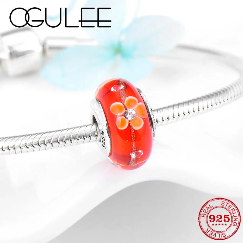 Женские браслеты-шармы оранжевые красные муранские с кристаллами в форме цветка