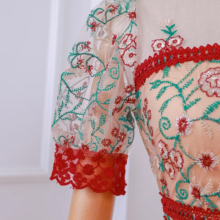 

Mesh Embroidery Women Stand Neck Bow Patchwork Lace Party Long Dress 2020 Summer Designer Big Size Runway Dresses Vestidos Mujer