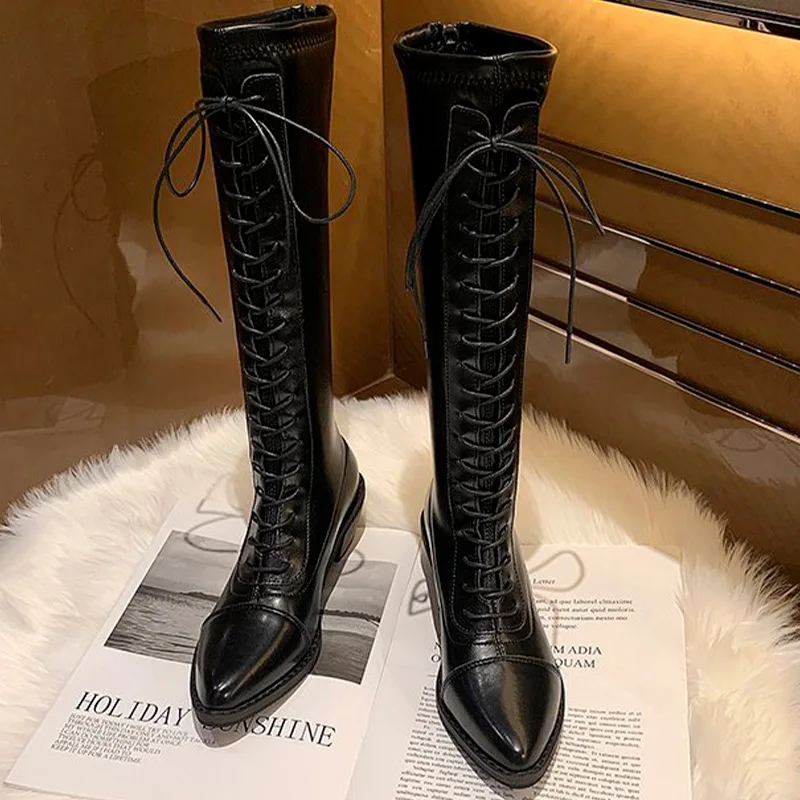 

2021 Rome Style Woman Boots Pointed Toe Lace Up Knee High Boot Platform Ladies Autumn Boot Solid Zipper PU Leather Women Shoes