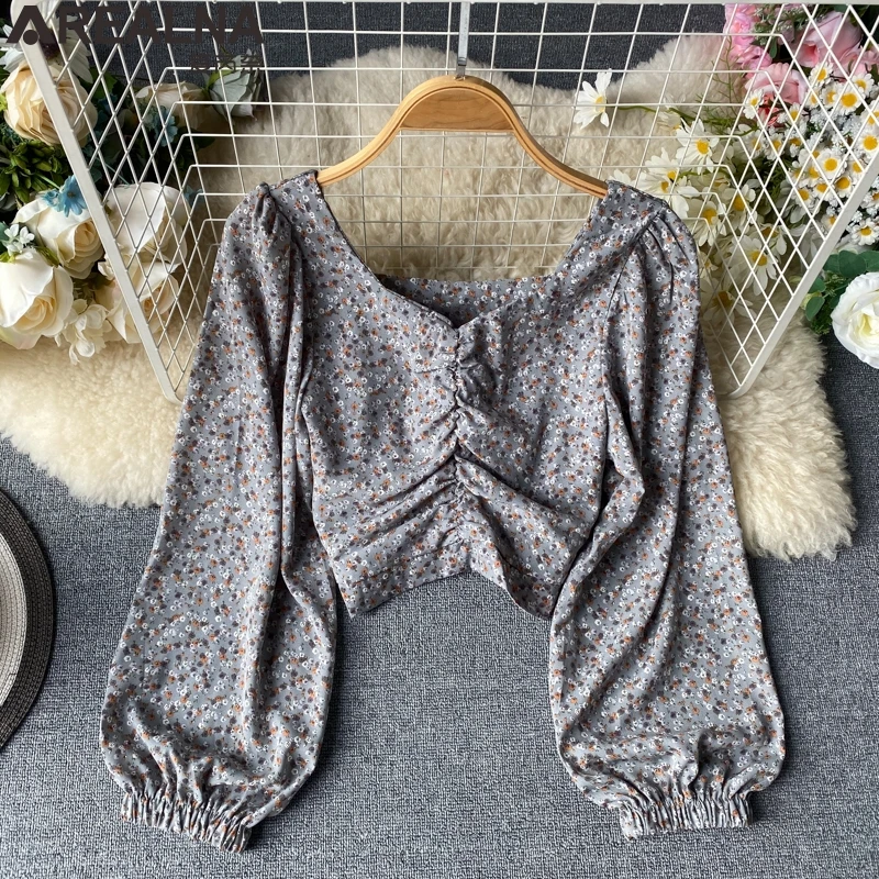 

Summer sexy puff sleeve top vintage floral blouse women chiffon short tops korean fashion clothing for womens chemisier femme