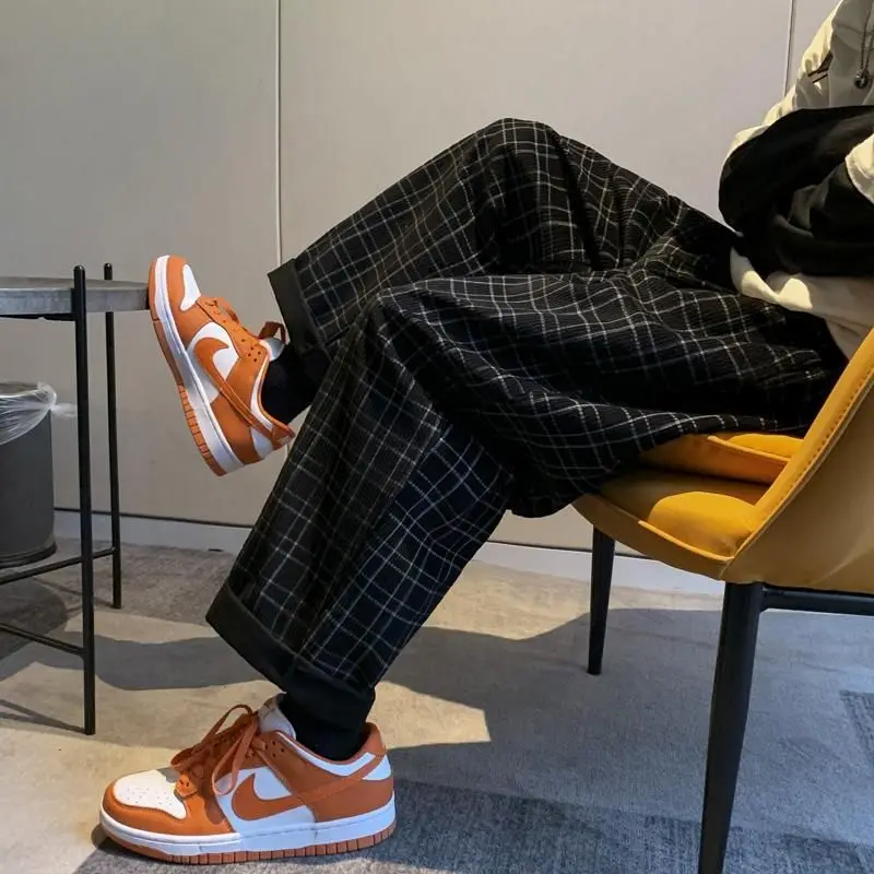 

Harajuku plaid pants men's trousers 2021 summer new Korean fashion preppy style casual loose all-match straight wide-leg pants