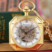royal gold octagonal mechanical pocket watch transparent glass case unique design hand winding fob chain luxury reloj best gifts