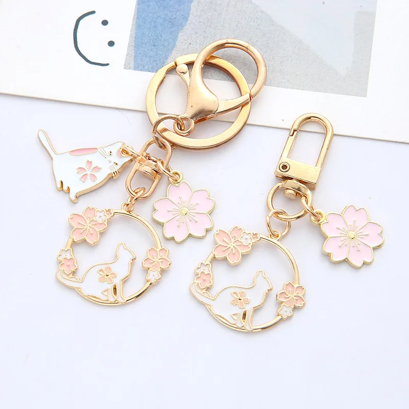 

New Fashion Cute Cat Rabbit Pink Cherry Blossom Car Keychain Pendant Girl And Women's Backpack School Bag Jewelry Accessory Gift