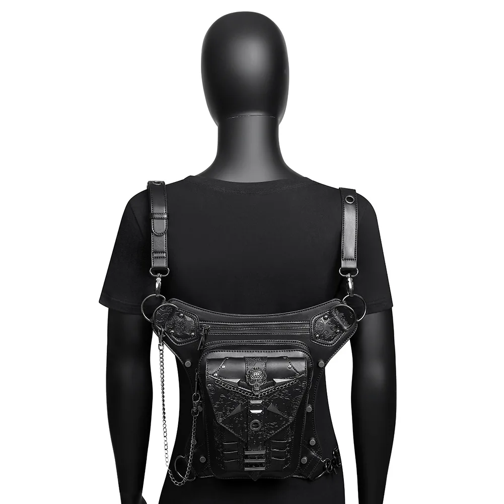 

Steampunk One-Shoulder Messenger Bag For Women Skull Head Chain Outdoor Leisure Purse Male Waistbag Multi-Back Motor Biker Bag
