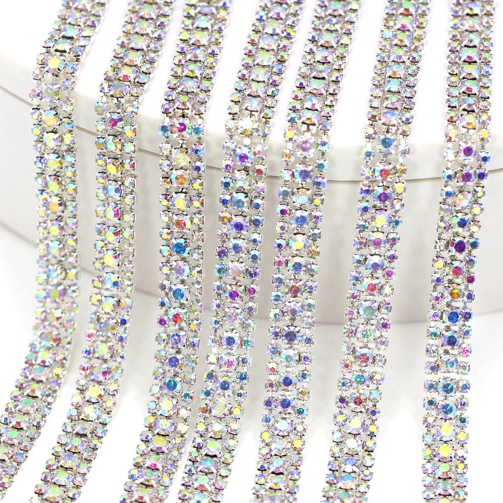 1 ярд 3 ряда стразы в чашке цепочка серебряная основа кристалл AB отделка SS8 + SS16 (2 5