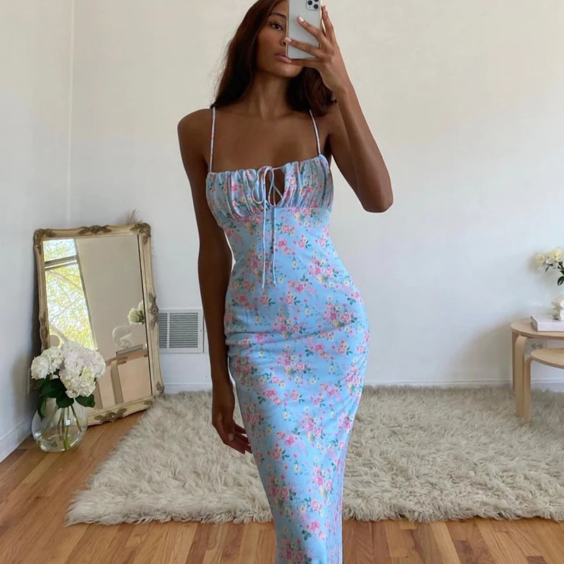 

Dress 2021 Elegant Robe Floral Printed Sleeveless Women Maxi Sundress Sexy Backless Female Party Club Tie Front Dresses Holiday