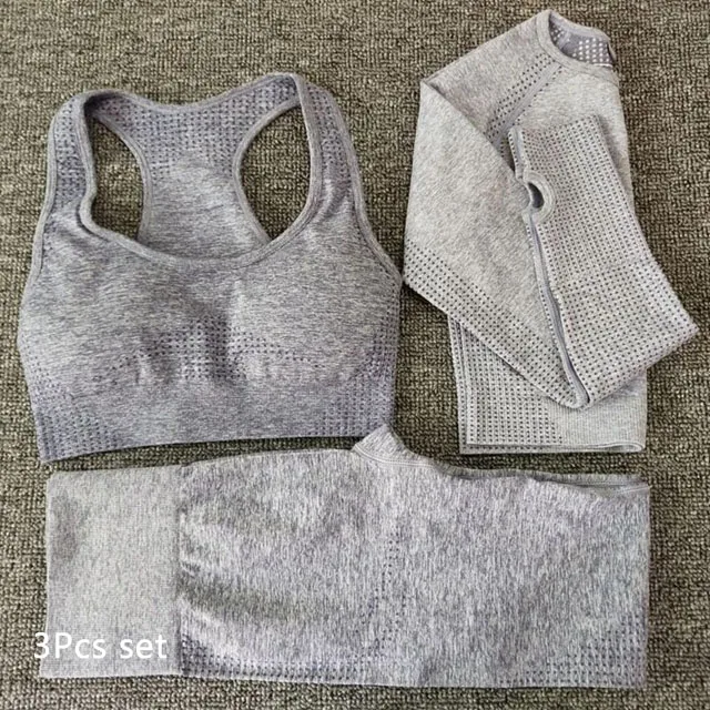 Gray blue 3Pcs set Комплект для йоги из 3 предметов, бесшовные леггинсы+ спортивный бюстгальтер+ укороченный топ с длинными рукавами, женская одежда для зала и бега, спортивный костюм для фитнеса с высокой талией - Цвет: Gray blue 3Pcs set