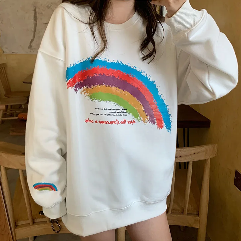 

XZ1153 2021 Ladies new plus velvet thick rainbow printing loose mid-length long-sleeved Sweatshirts