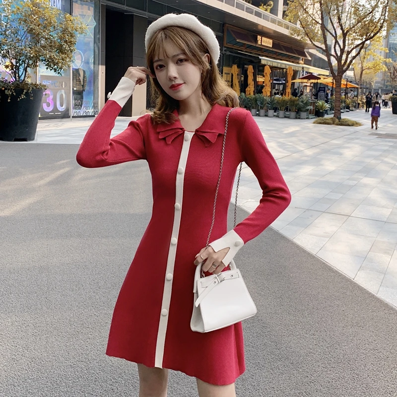 

new Korean sweet women's dress in autumn and winter 2021 solid color contrast long sleeve knitted dress bottomed