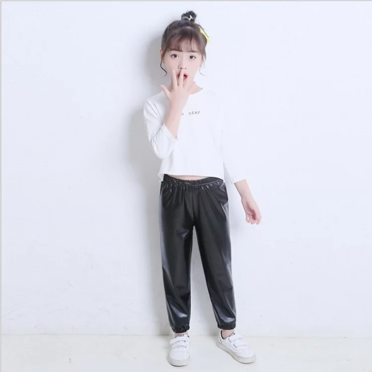 Брюки из ПУ кожи для девочек демисезонные свободные брюки детей повседневные