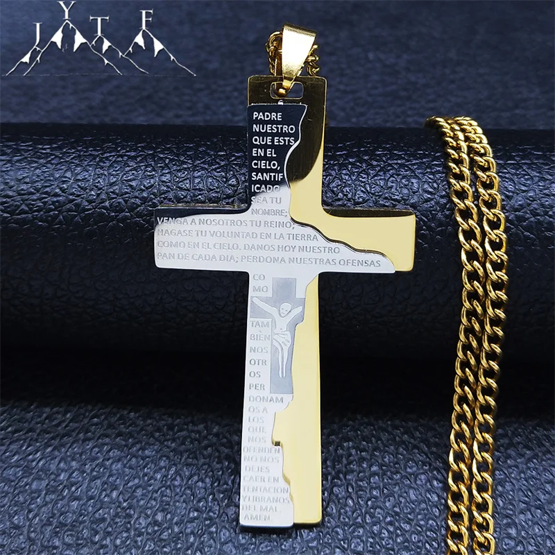 

Christian Jesus Bible Stainless Steel Big Long Cross Necklace Pendant Gold Silver Color Double Layer Necklaces jewlery N4299S05