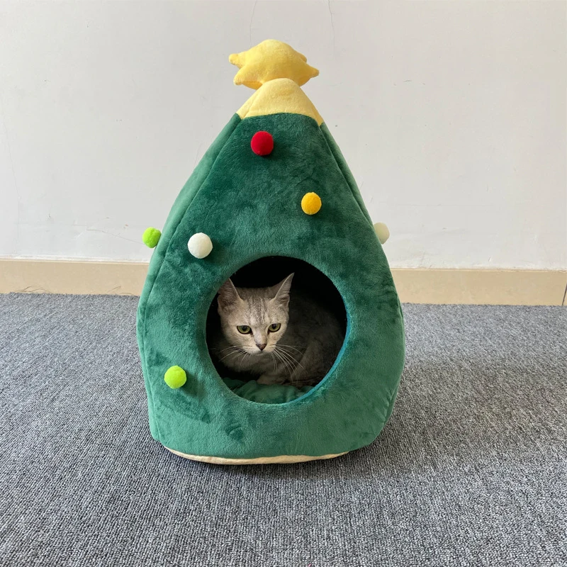 

Newly Christmas Tree Shape Cat House Cave Bed Soft Teepee House Warm Cat Bed for Winter FIF66