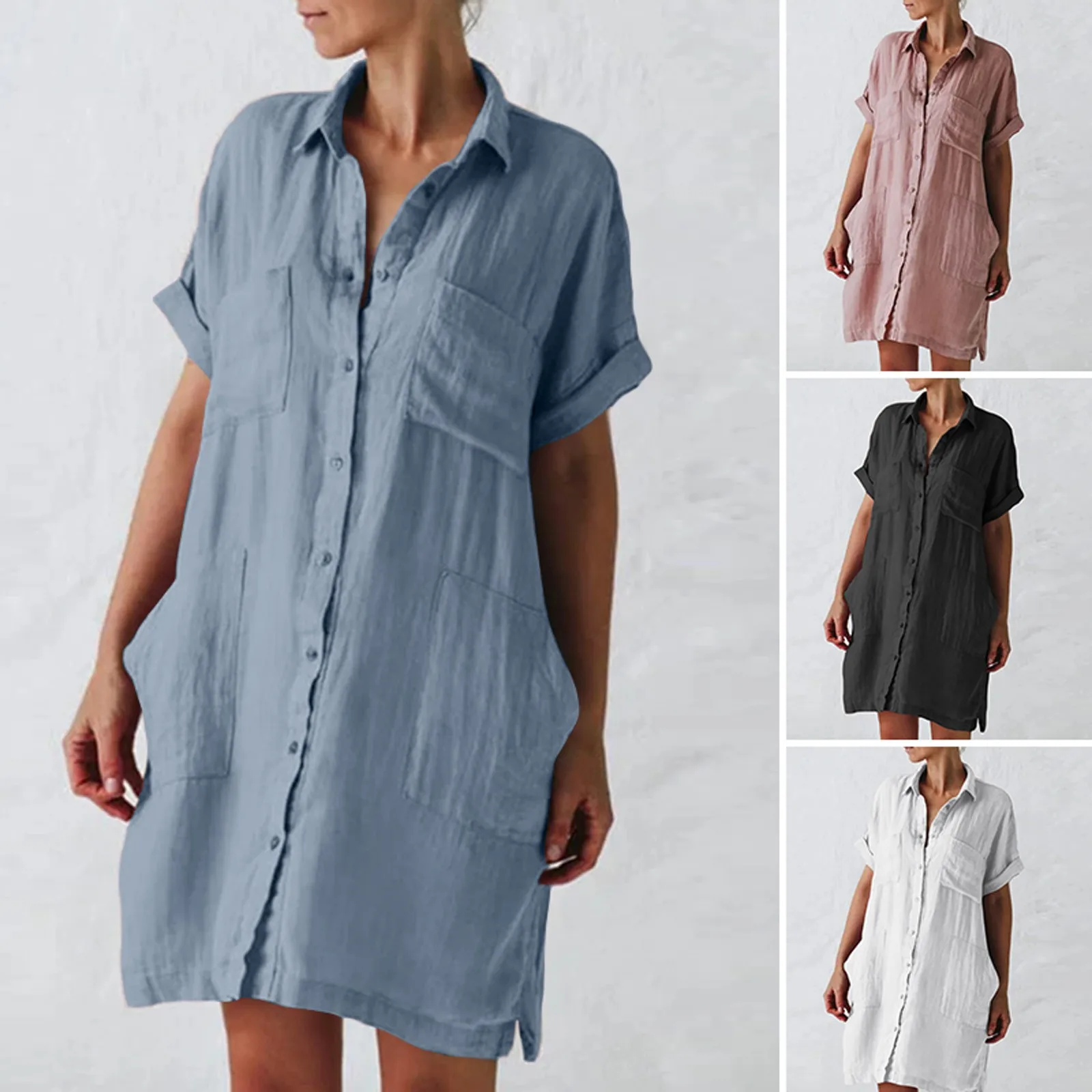 

Women Casual Blouse Solid Color Cotton Linen Ladies Casual Cotton Linen Long Short Sleeve Large Irregular Pocket Shirt Dress