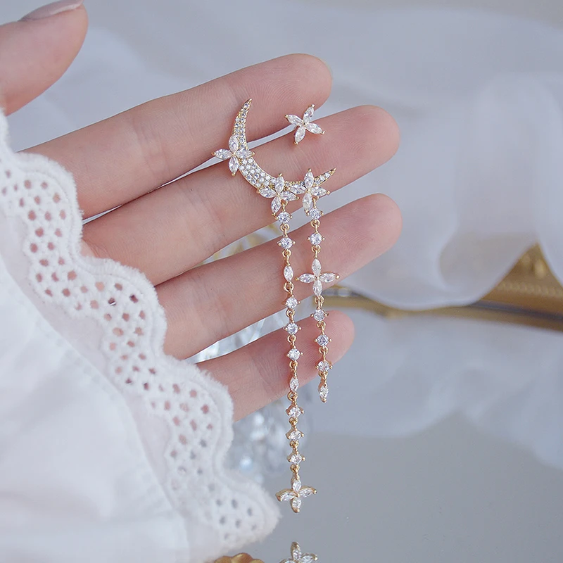 

14k Real Gold Elegant Temperament Star Moon Earrings for Women Bohemia Bling Tassel Zircon Stud Earring Birthday Gift Pendant