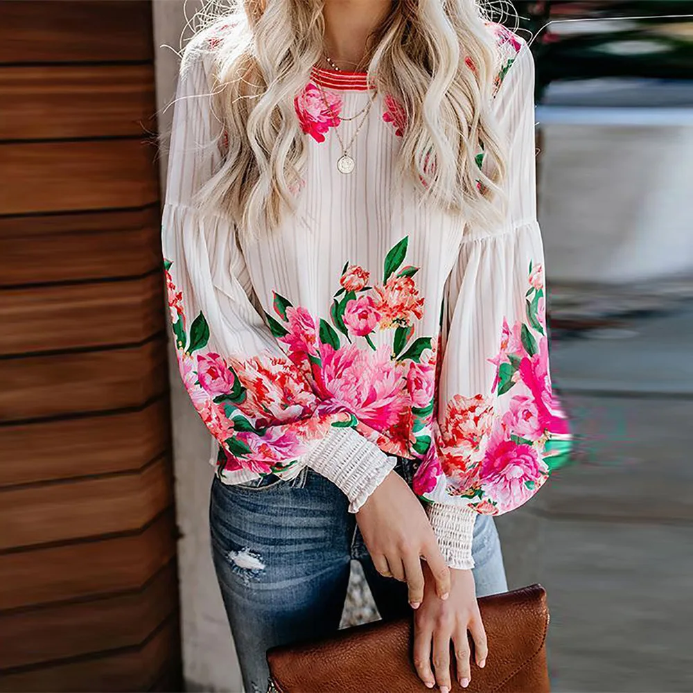 

Женская шифоновая рубашка, с цветочным принтом, с круглым вырезом, большого размера, повседневная, с большим красным цветком, осень 2020