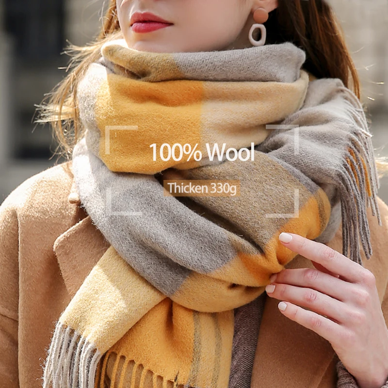Winter 100% Real Wool Checkered Scarf Women Plaid Cashmere Scarves Lattice Large Shawl and Wraps Ladies Warm Echarpe Pashmina