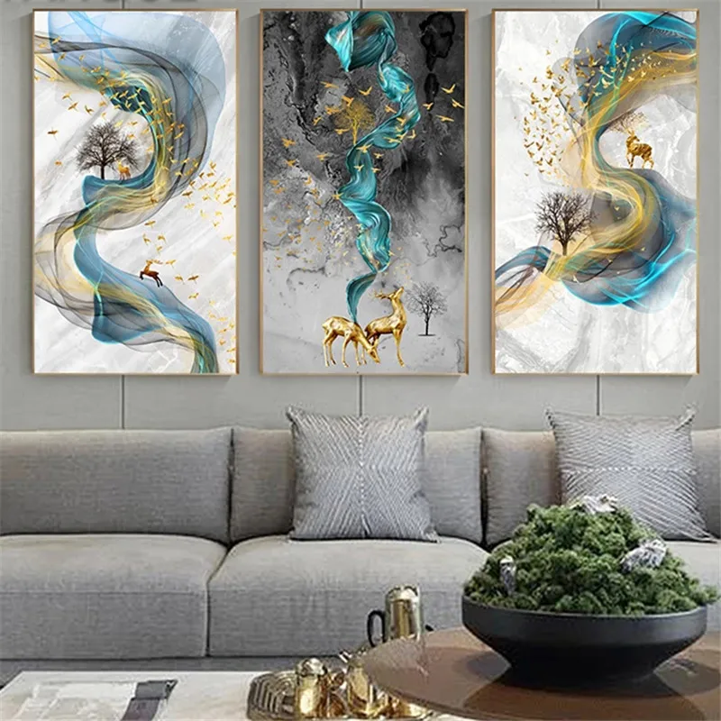 

Deer and Ribbon Paintings Wall Pictures Nordic Blue Golden Canvas Painting Abstract Poster Print Wall Art For Living Room Decor