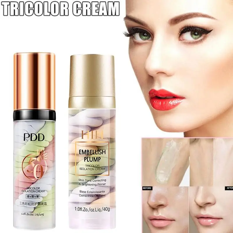 New One Step Correct Rainbow Tricolor Makeup Base Isolation Pre-milk Concealer Cream Invisible Pore Brighten Face |