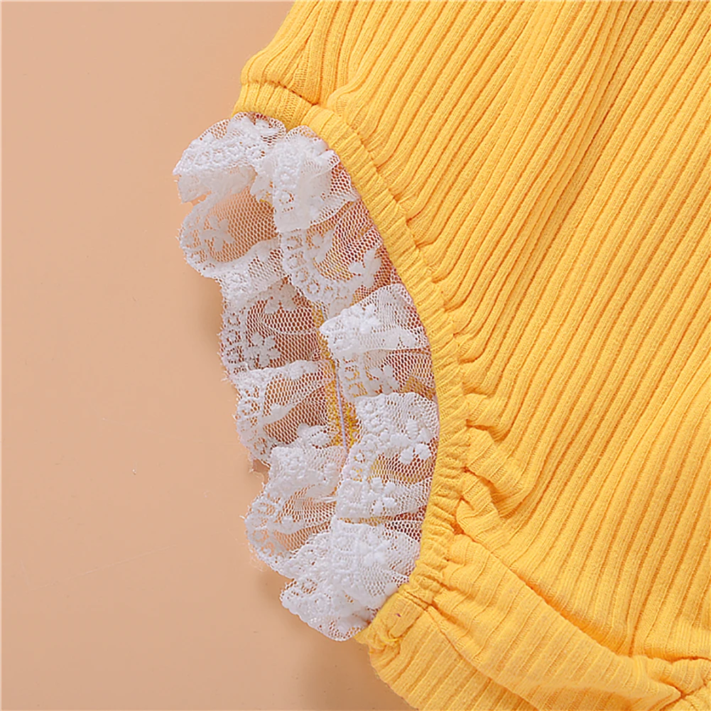 

Pudcoco 2021 Summer 0-24M Baby Girl 2Pcs Set Yellow Lace Ruffled Spaghetti Straps Sleeveless Bodysuit+Shorts Infant Clothes