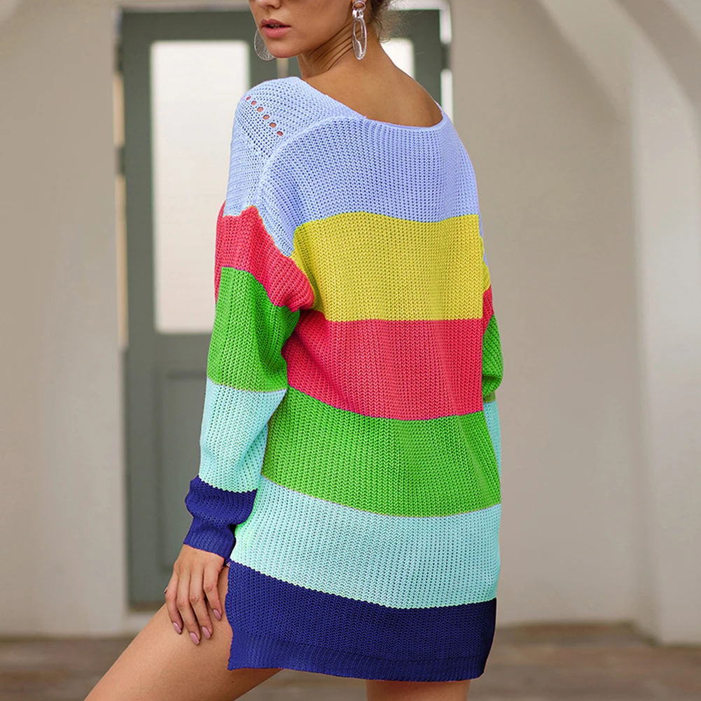 

Europe and the United States knit sweater new rainbow spell color loose long sleeve pullover sweater autumn winter dropshipping